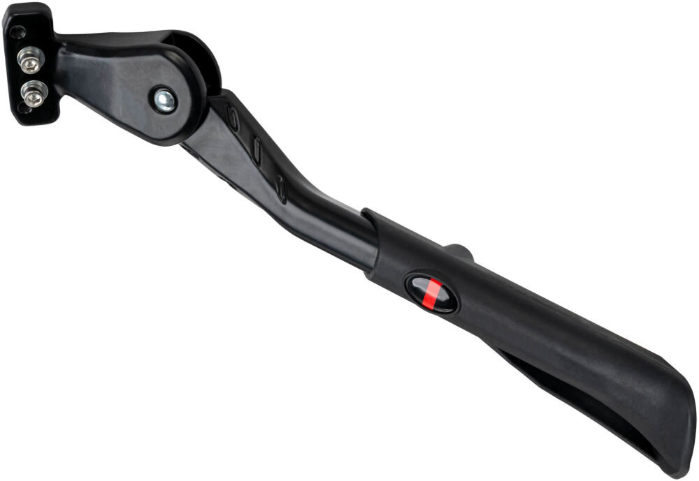 Stopka do roweru S-LINE VPD325 Solidna podpórka do roweru elektrycznego S-Line pod kątem. Prezentacja produktu na białym tle, ukazująca górny element mocujący z dwiema śrubami montażowymi oraz charakterystyczny, owalny odblask z czerwoną linią w środkowej części ramienia.