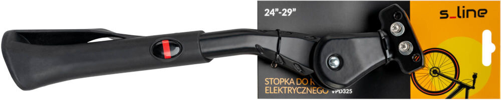 Stopka do roweru S-LINE VPD325 Czarna regulowana stopka rowerowa S-Line w oryginalnym opakowaniu. Na kartonowej etykiecie widoczne logo marki, grafika roweru na żółtym tle oraz informacja o przeznaczeniu do kół o rozmiarze 24-29 cali. Podpis na opakowaniu wskazuje: 