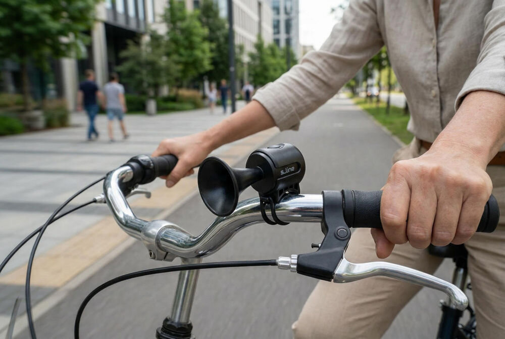 Osoba jedzie na rowerze, trzymając kierownicę z zamontowanym dzwonkiem rowerowym S-LINE BH01. W tle widać budynki i przechodniów na chodniku.