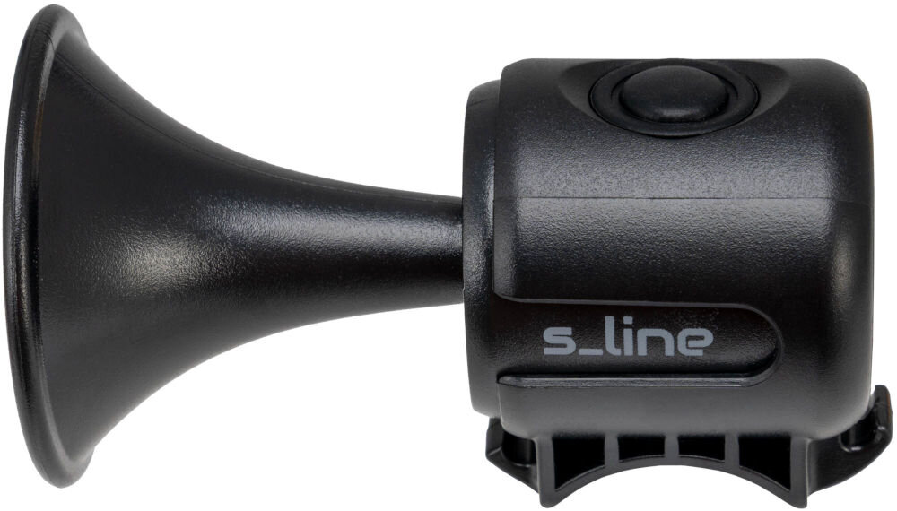 Czarny dzwonek rowerowy z napisem \'s_line\' na boku, posiadający duży przycisk na górze i szeroki wylot dźwięku.