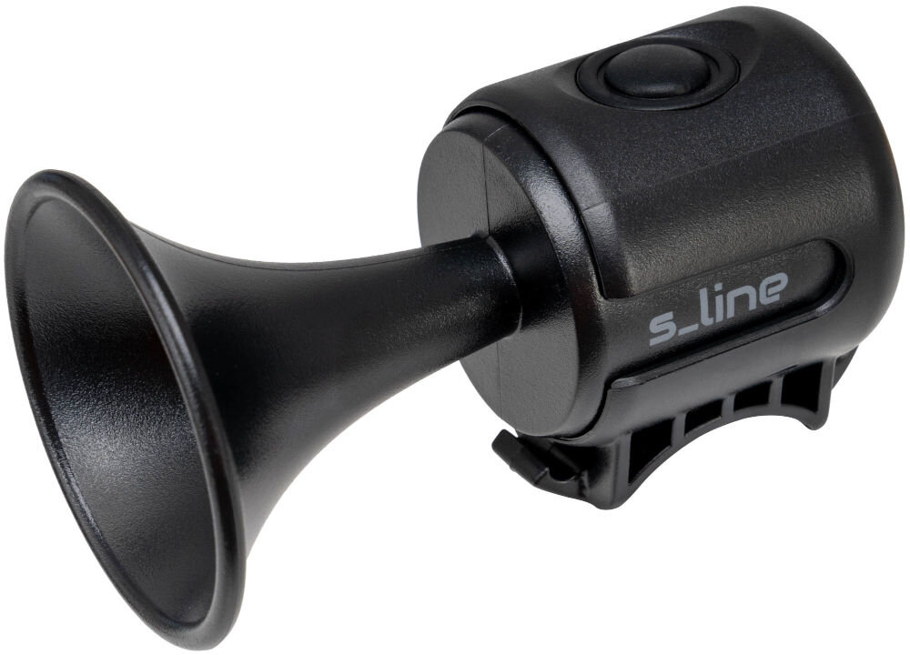 Czarny dzwonek rowerowy z napisem \'s.line\' na boku, posiadający kształt przypominający klakson. Widoczny jest przycisk na górze oraz uchwyt montażowy na dole.