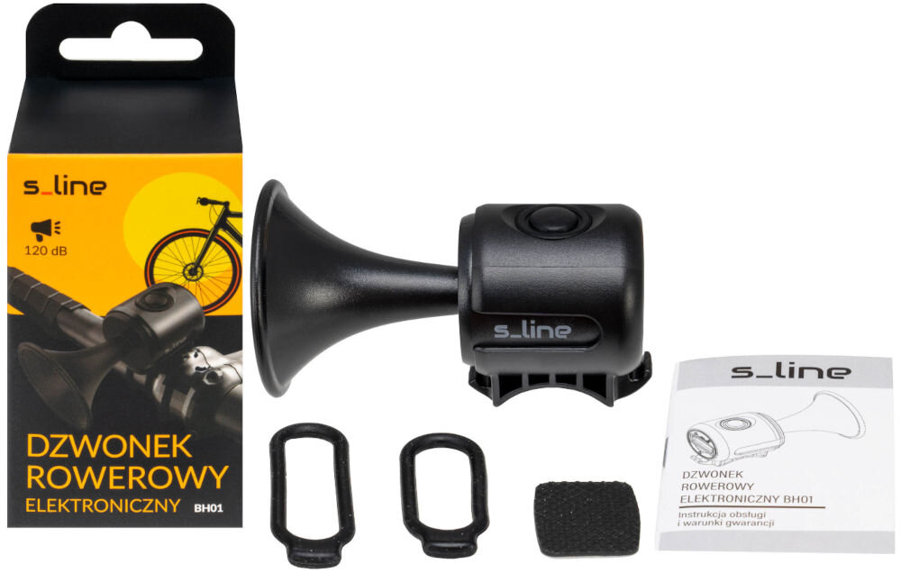 Na obrazie znajduje się elektroniczny dzwonek rowerowy S-LINE BH01 wraz z opakowaniem, instrukcją oraz akcesoriami montażowymi. Opakowanie zawiera grafikę roweru i napis \'DZWONEK ROWEROWY ELEKTRONICZNY BH01\'.