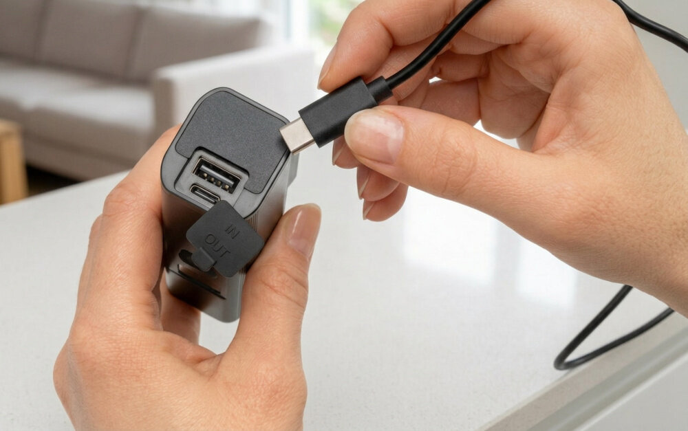 Osoba trzyma czarną ładowarkę z dwoma portami USB, do której podłącza kabel USB-C. Na ładowarce widoczne są napisy \'IN\' i \'OUT\'.