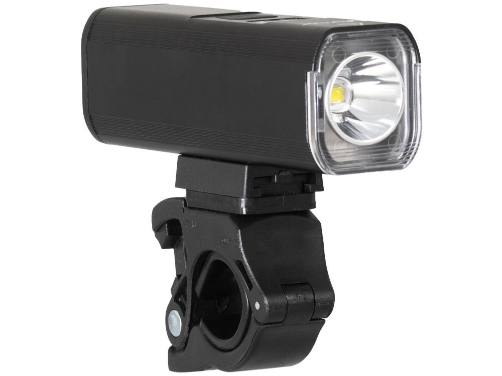 Czarna lampka rowerowa z przezroczystym kloszem i widocznym reflektorem, zamontowana na uchwycie. Produkt przeznaczony do montażu na kierownicy roweru.