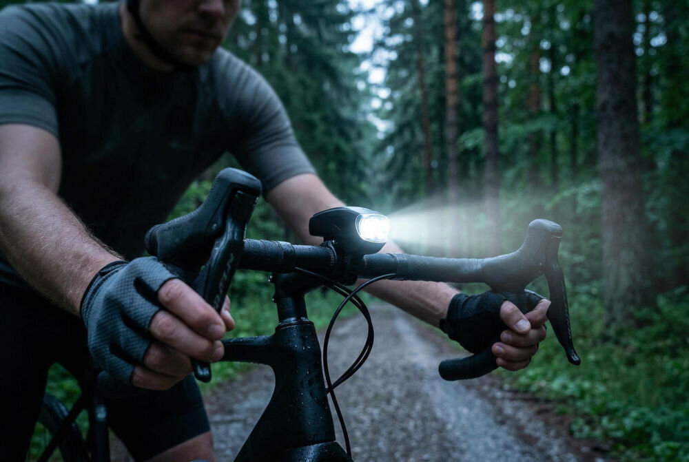 Zestaw lampek rowerowych S-LINE BL201 Zbliżenie na ręce rowerzysty trzymające kierownicę z włączoną przednią lampką rowerową S-LINE. Mocny strumień białego światła oświetla leśną ścieżkę o zmierzchu.