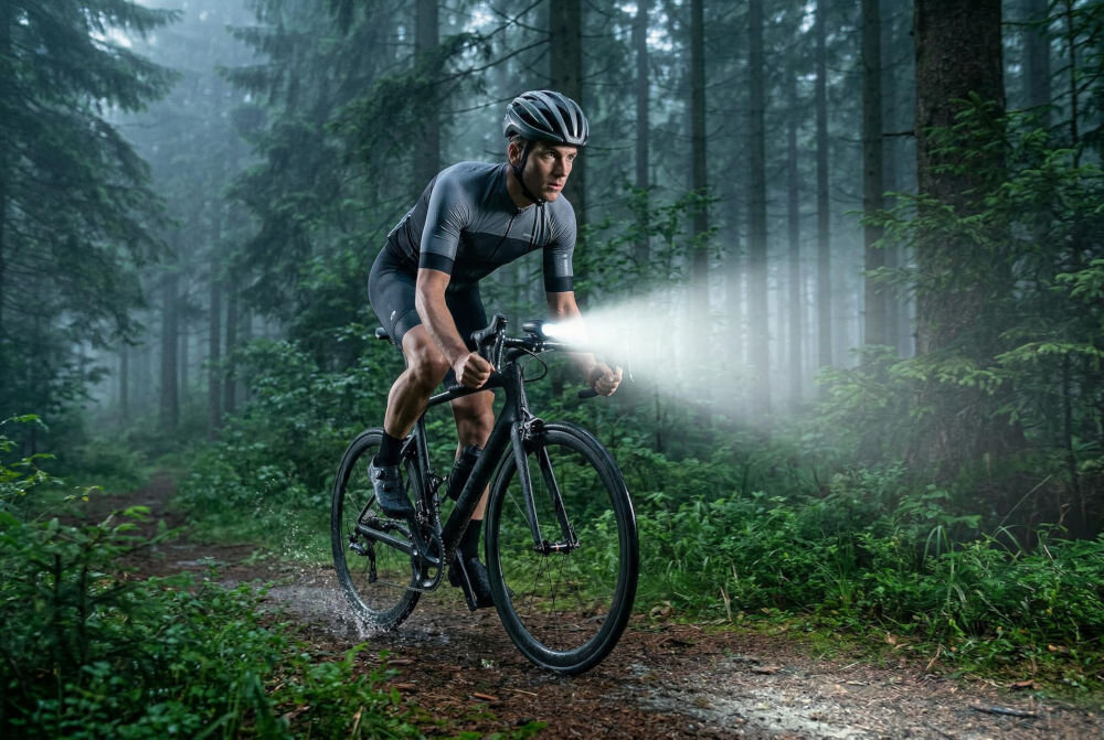 Zestaw lampek rowerowych S-LINE BL201 Rowerzysta w pełnym rynsztunku jedzie przez mglisty las. Przednia lampka S-LINE generuje intensywne białe światło, zapewniając doskonałą widoczność na drodze.