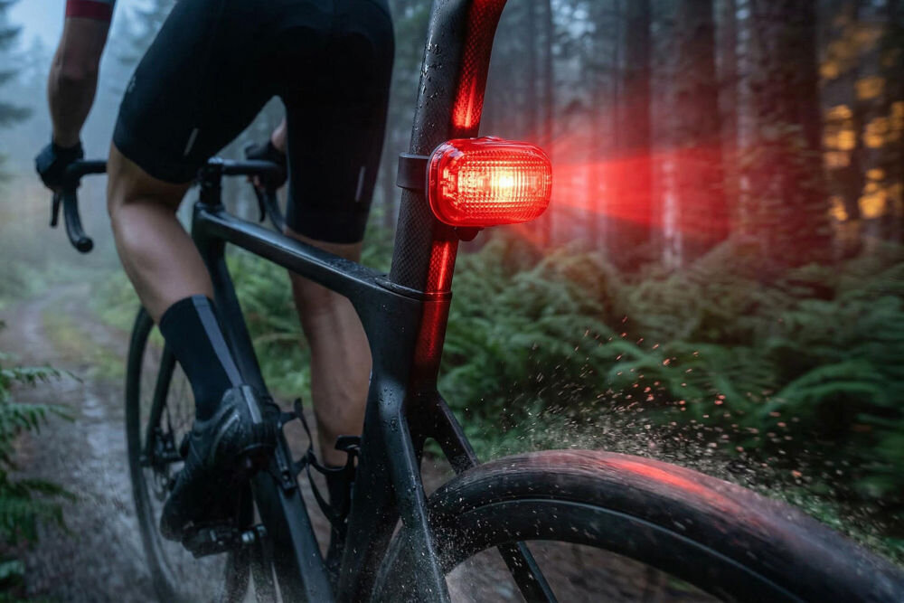 Zestaw lampek rowerowych S-LINE BL201 Tylna czerwona lampka rowerowa S-LINE zamontowana na sztycy pod siodełkiem, świecąca intensywnym światłem. Widok z perspektywy tylnego koła podczas jazdy po mokrej nawierzchni w lesie.