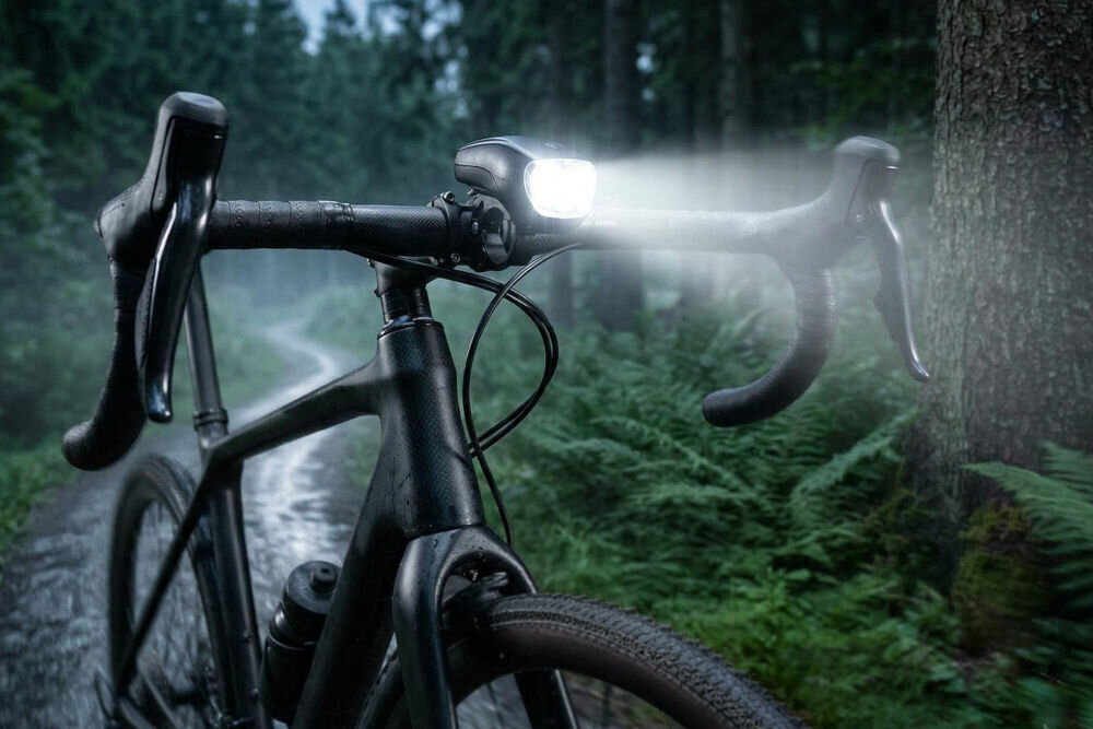 Zestaw lampek rowerowych S-LINE BL201 Przednia lampka rowerowa S-LINE zamontowana na czarnej kierownicy typu baranek. Światło lampki rozprasza mrok na leśnej ścieżce, podkreślając nowoczesny design urządzenia.