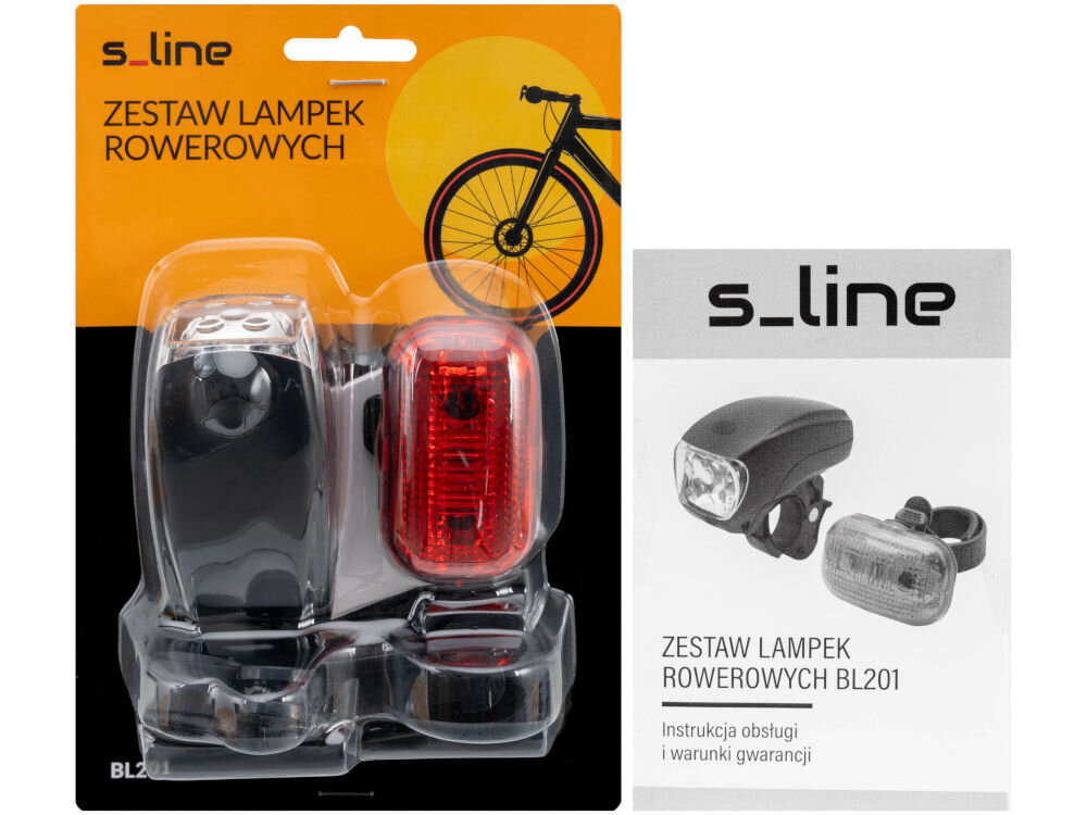 Zestaw lampek rowerowych S-LINE BL201 Zestaw lampek rowerowych S-LINE BL201 w oryginalnym pomarańczowo-czarnym blistrze. Obok znajduje się instrukcja obsługi z czarno-białym zdjęciem przedniej i tylnej lampki.