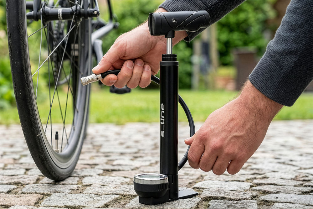 Pompka rowerowa S-LINE Mini z manometrem VPO320 Mężczyzna pompuje koło roweru czarną pompką stacjonarną s_line z manometrem na brukowanej ścieżce.