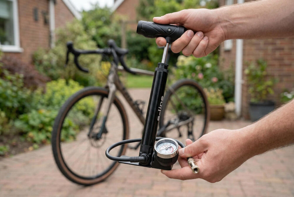 Pompka rowerowa S-LINE Mini z manometrem VPO320 Prezentacja czarnej pompki rowerowej s_line z manometrem i wężykiem trzymanej w dłoniach na tle ogrodu.