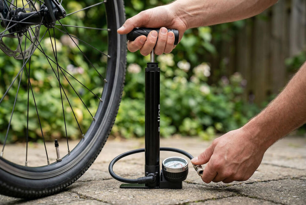 Pompka rowerowa S-LINE Mini z manometrem VPO320 Zbliżenie na dłonie obsługujące pompkę rowerową s_line z manometrem ustawioną na podłożu obok koła rowerowego.