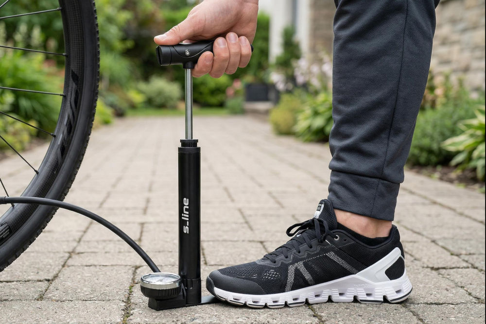 Pompka rowerowa S-LINE Mini z manometrem VPO320 Osoba przytrzymuje nogą podstawę pompki rowerowej s_line podczas pompowania koła, zapewniając stabilność urządzenia.