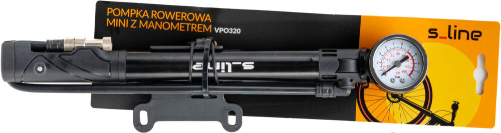 Pompka rowerowa S-LINE Mini z manometrem VPO320 Pompka rowerowa mini z manometrem VPO320 marki s_line w oryginalnym opakowaniu z uchwytem montażowym do ramy.