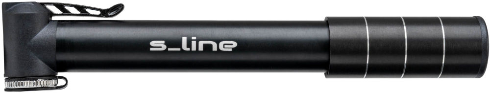 Pompka rowerowa S-LINE Mini VPO120 Czarna, teleskopowa pompka rowerowa s_line w stanie złożonym z widocznymi czterema srebrnymi pierścieniami.