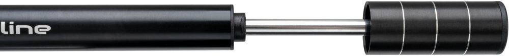 Pompka rowerowa S-LINE Mini VPO120 Zbliżenie na środek czarnej pompki rowerowej s_line z wyciągniętym srebrnym tłokiem i napisem line.
