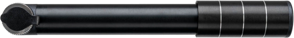 Pompka rowerowa S-LINE Mini VPO120 Czarna pompka rowerowa s_line złożona z boku, z widocznym zaworem i czterema srebrnymi pierścieniami.