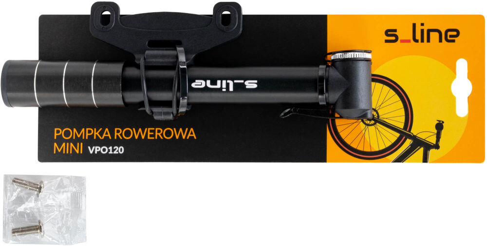 Pompka rowerowa S-LINE Mini VPO120 Pompka rowerowa MINI VP0120 s_line w oryginalnym opakowaniu z widocznym logiem i grafiką roweru.