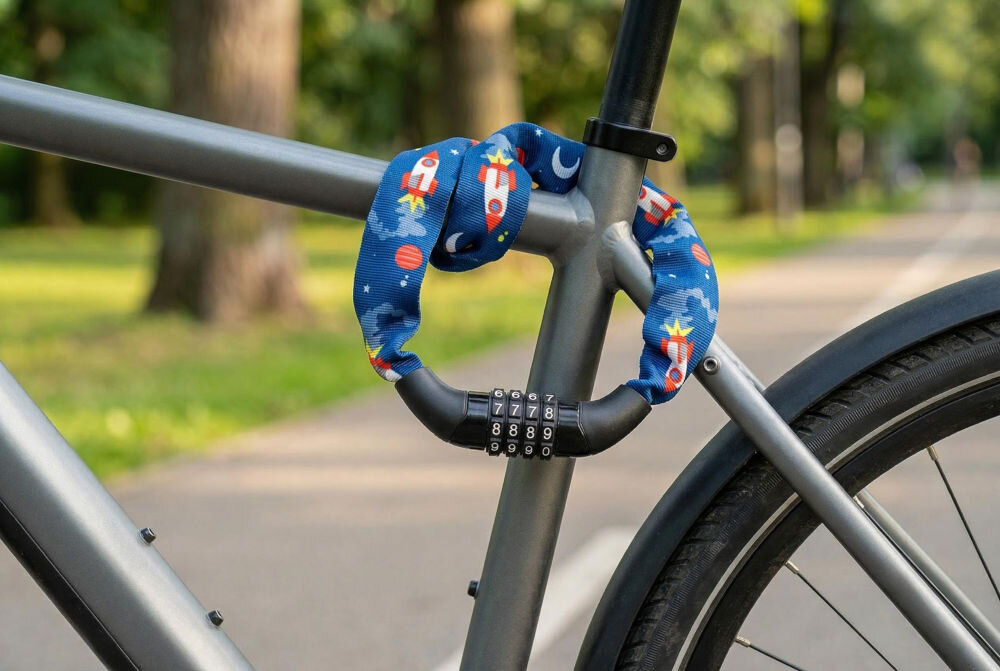 Zapięcie rowerowe S-LINE VZP010B Łańcuch Niebieski Łańcuchowe zapięcie rowerowe na szyfr w niebieskim pokrowcu z motywem rakiet kosmicznych, owinięte wokół ramy szarego roweru.