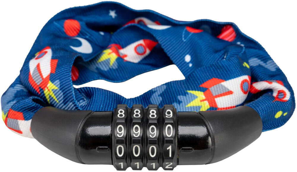 Zapięcie rowerowe S-LINE VZP010B Łańcuch Niebieski Zbliżenie na czarny zamek szyfrowy z czterocyfrowym kodem przy dziecięcym zapięciu rowerowym z kolorowym materiałowym osłoną.