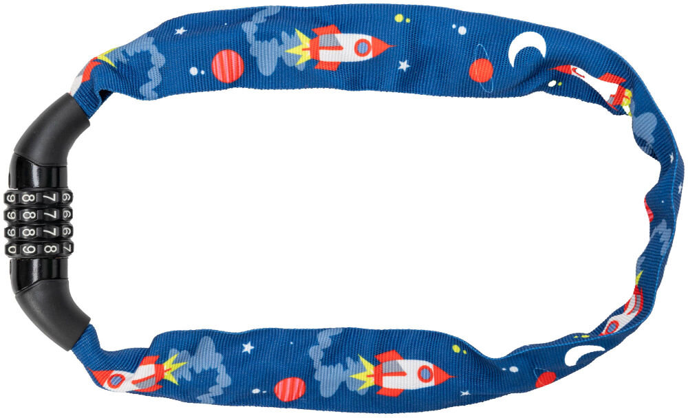 Zapięcie rowerowe S-LINE VZP010B Łańcuch Niebieski Rozłożone zapięcie rowerowe dla dzieci marki S-line z blokadą na kod, posiadające niebieską osłonę z grafikami planet i statków kosmicznych.