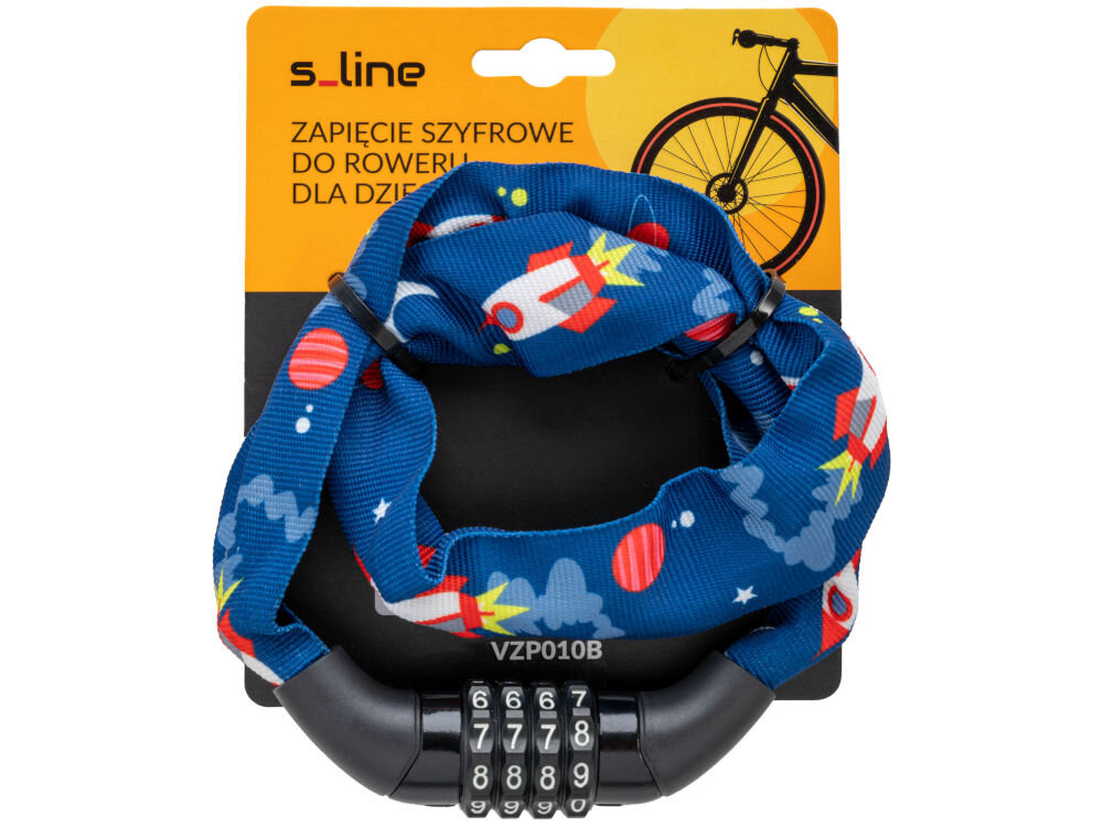 Zapięcie rowerowe S-LINE VZP010B Łańcuch Niebieski Zapięcie szyfrowe do roweru dla dzieci S-line VZP010B w oryginalnym opakowaniu typu blister z widoczną grafiką roweru i specyfikacją produktu.
