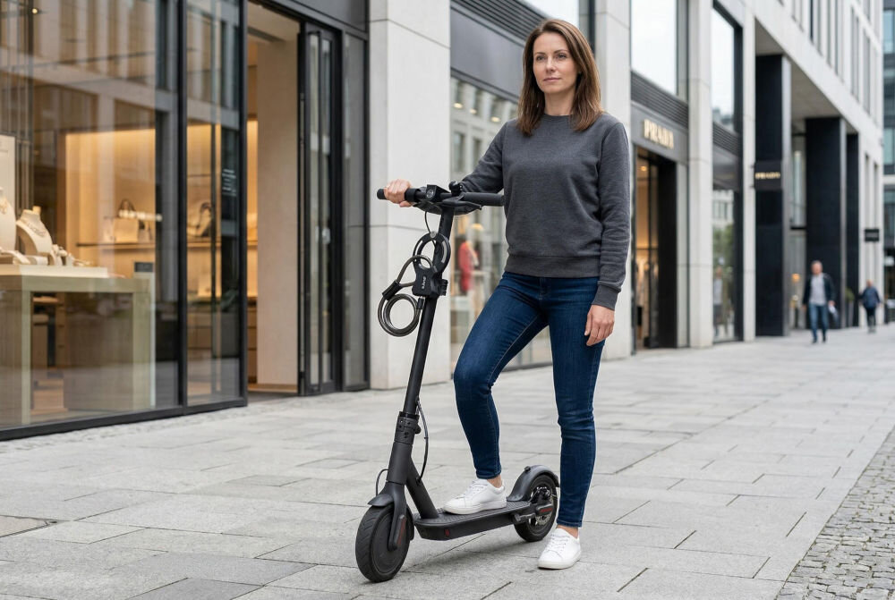 Zapięcie rowerowe S-LINE VZP305 Kajdankowe Czarny Kobieta w ciemnoszarej bluzie i dżinsach stoi obok czarnej hulajnogi elektrycznej na miejskim deptaku. Do kolumny kierownicy hulajnogi przymocowane jest zapięcie kajdankowe marki s_line. W tle witryny sklepowe luksusowych marek.