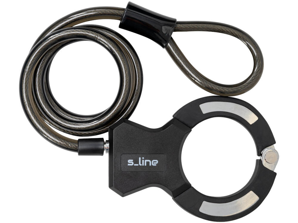 Zapięcie rowerowe S-LINE VZP305 Kajdankowe Czarny Zbliżenie na zapięcie kajdankowe s_line na białym tle. Widoczna jest stalowa, pleciona linka w przezroczystej osłonie oraz czarna głowica blokująca w kształcie kajdanek z odblaskowymi elementami i logotypem marki.