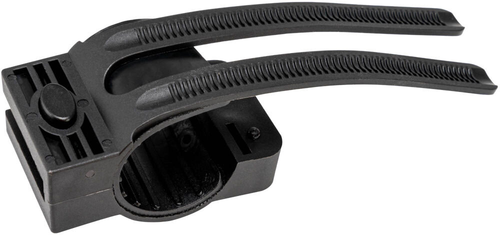 Zapięcie rowerowe S-LINE VZP305 Kajdankowe Czarny Czarny plastikowy uchwyt transportowy do zapięcia rowerowego z dwoma elastycznymi, ząbkowanymi paskami mocującymi, przedstawiony na białym tle. Uchwyt służy do stabilnego montażu zabezpieczenia na ramie roweru lub kolumnie kierownicy hulajnogi.