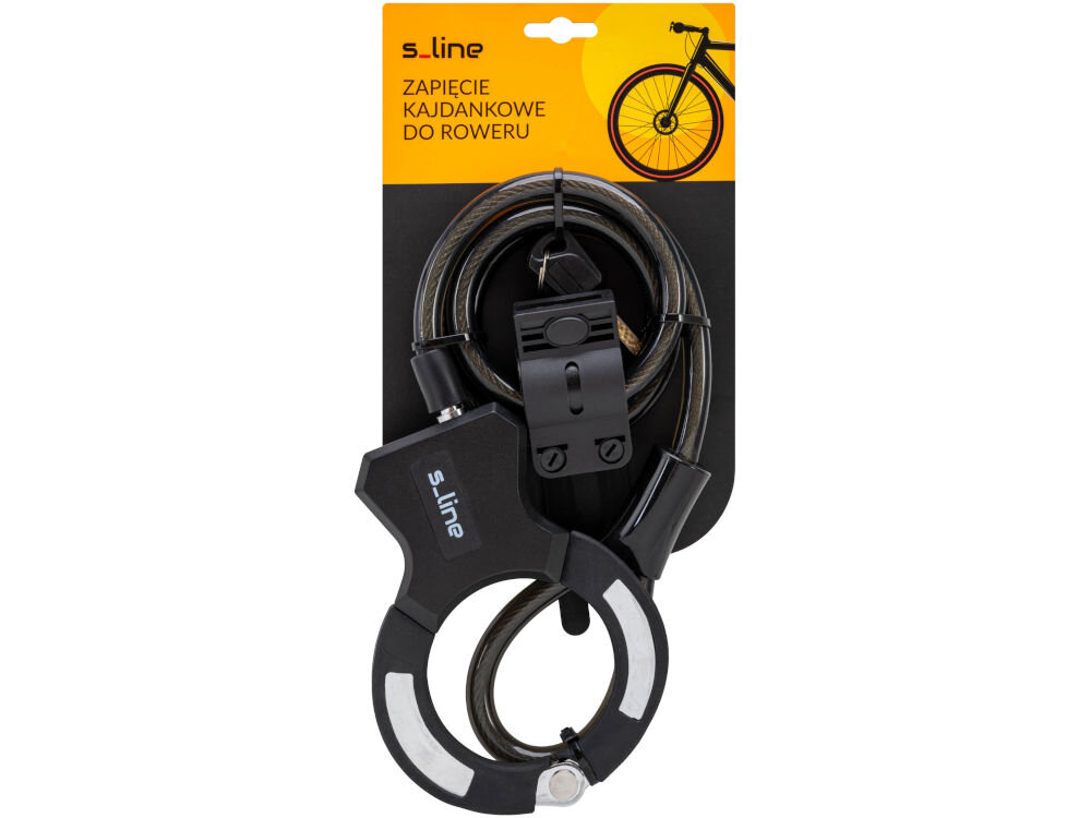Zapięcie rowerowe S-LINE VZP305 Kajdankowe Czarny Zapięcie kajdankowe do roweru lub hulajnogi marki s_line w oryginalnym opakowaniu. Żółto-czarna etykieta zawiera napis „Zapięcie kajdankowe do roweru”, logo producenta oraz grafikę koła rowerowego. W zestawie widoczny uchwyt montażowy i kluczyki.