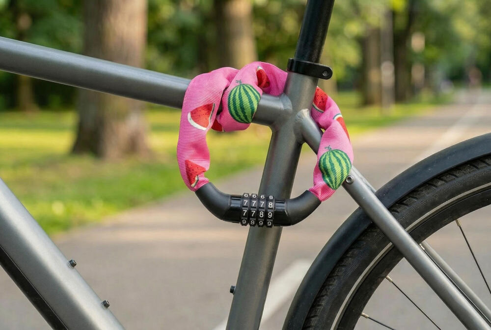 Zapięcie rowerowe S-LINE VZP010G Łańcuch Różowy Różowe zapięcie rowerowe na szyfr z wzorem arbuzów, owinięte wokół ramy nowoczesnego roweru miejskiego w parku.