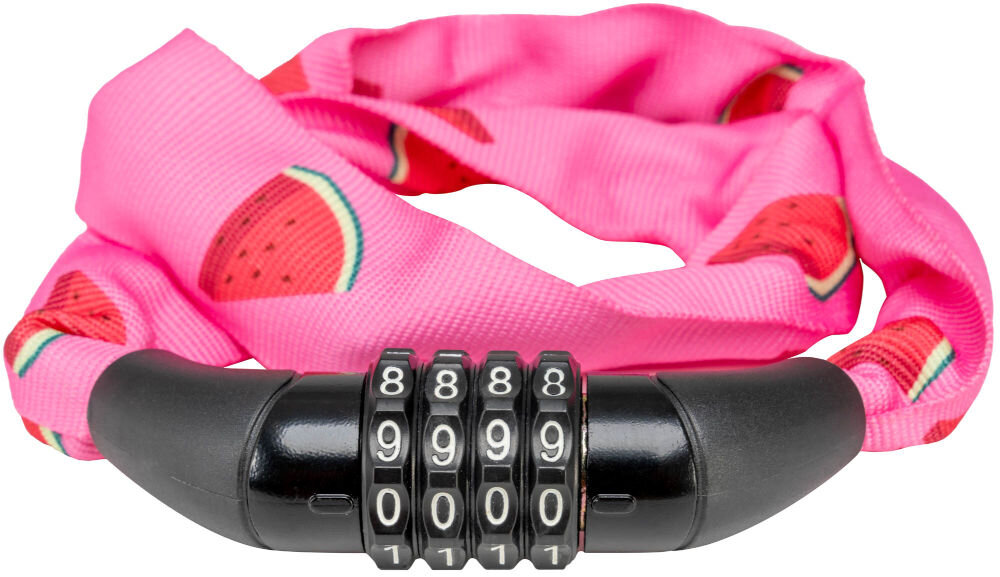 Zapięcie rowerowe S-LINE VZP010G Łańcuch Różowy Zbliżenie na mechanizm zamka szyfrowego w dziecięcym zapięciu rowerowym z materiałową osłoną w kolorze różowym z nadrukiem owoców.