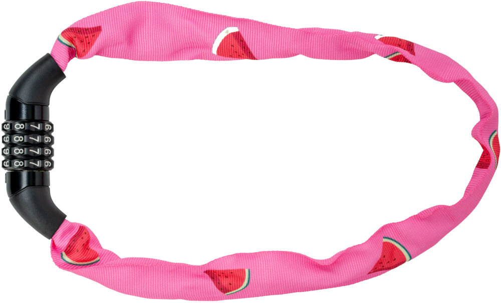 Zapięcie rowerowe S-LINE VZP010G Łańcuch Różowy Dziecięce łańcuchowe zapięcie rowerowe S-line z blokadą na cztery cyfry i różowym pokrowcem z motywem soczystych arbuzów.
