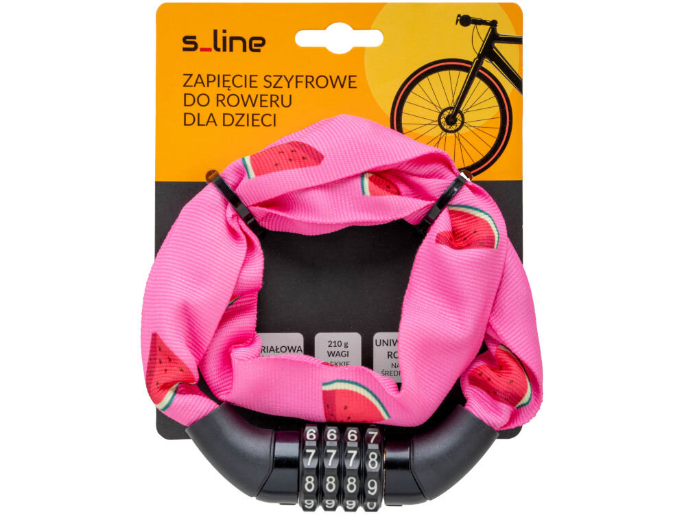 Zapięcie rowerowe S-LINE VZP010G Łańcuch Różowy Zapięcie szyfrowe do roweru dla dzieci S-line na karcie produktowej; różowy łańcuch z wzorem arbuza i czarnym zamkiem kodowym.