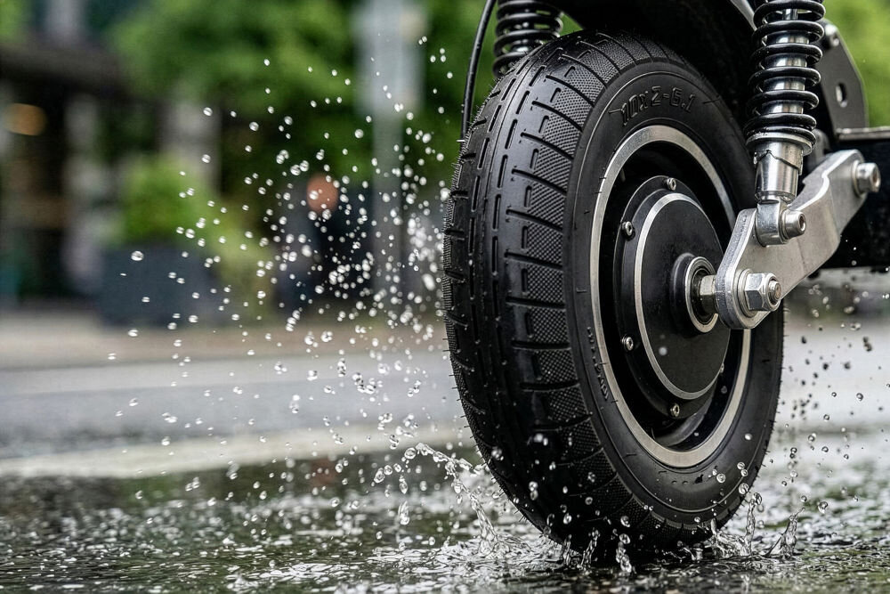 Opona S-LINE EST1003 10 cali Detal opony S-line zamontowanej w hulajnodze, widoczny wzór bieżnika i efektowne rozbryzgi wody na boki podczas jazdy w deszczowych warunkach.