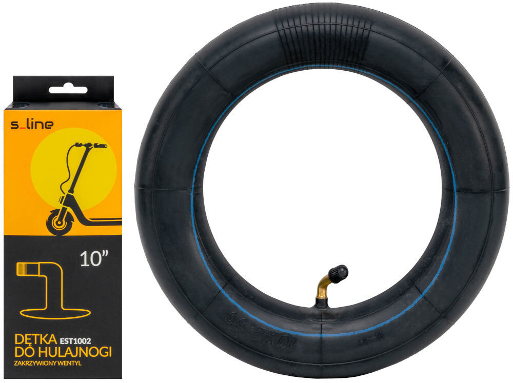 Dętka S-LINE EST1002 10 cali 254 x 51 mm Kompletny zestaw: dętka 10 cali S-Line EST1002 z zagiętym wentylem oraz dedykowane czarno-żółte opakowanie z opisem produktu.