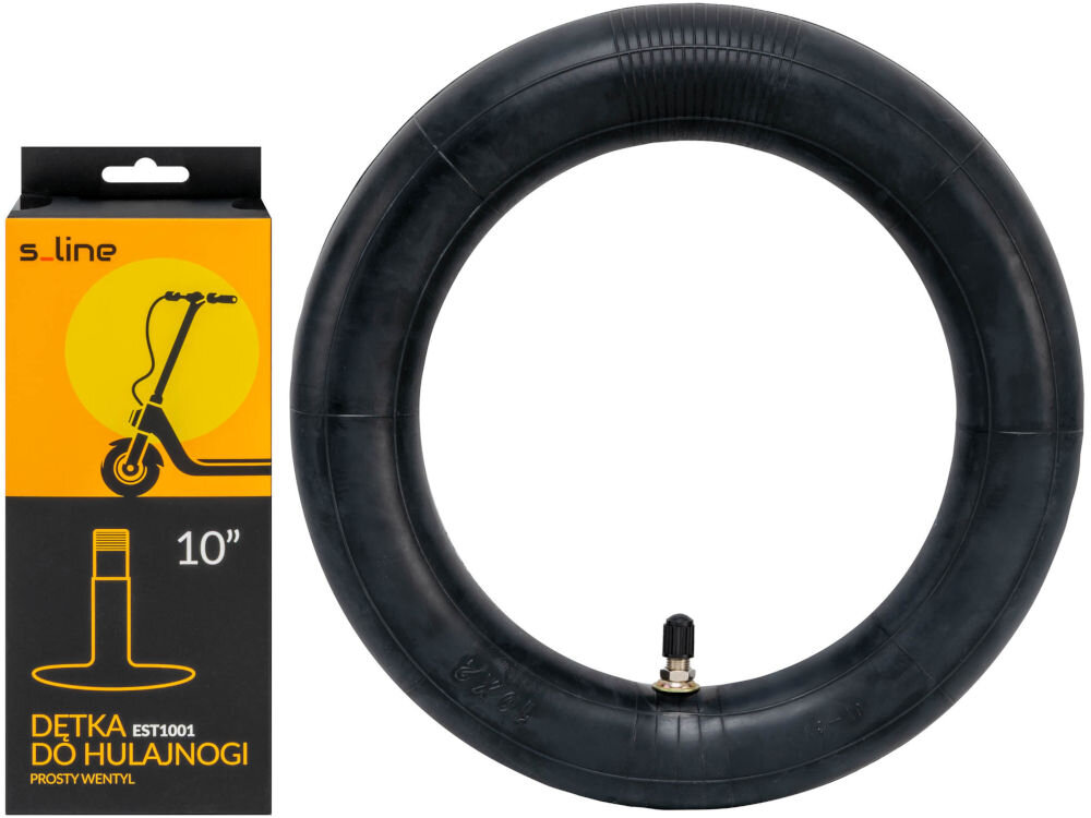 Dętka S-LINE EST1001 10 cali 254 x 51 mm Dętka do hulajnogi 10 cali S-Line EST1001 z prostym wentylem obok oryginalnego czarno-żółtego opakowania z grafiką hulajnogi.