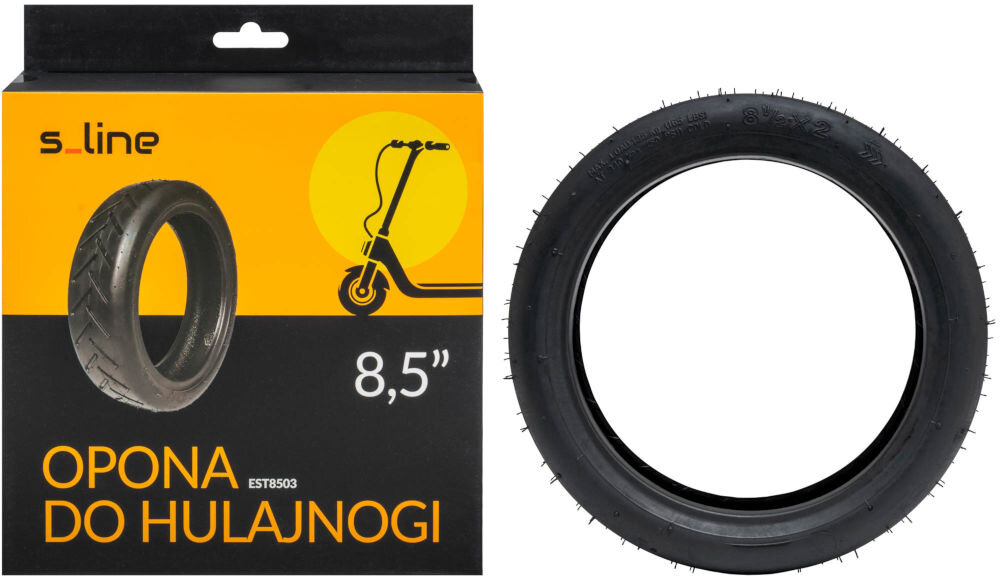 Opona S-LINE EST8503 8.5 cala Oryginalne opakowanie opony S-LINE w kolorach czarno-pomarańczowym z napisem „Opona do hulajnogi 8,5” obok samej opony pokazanej z profilu.