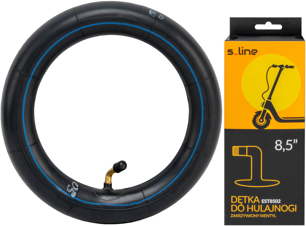 Dętka S-LINE EST8502 8.5 cali 216 x 51 mm Dętka 8,5 cala S-Line EST8502 z zagiętym wentylem zaprezentowana obok oryginalnego czarno-żółtego opakowania z opisem modelu.