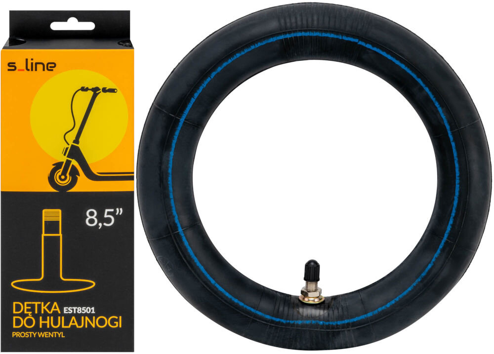 Dętka S-LINE EST8501 8.5 cala 216 x 51 mm Dętka 8,5 cala S-Line EST8501 z prostym wentylem zaprezentowana obok pionowego, czarno-żółtego opakowania produktowego.