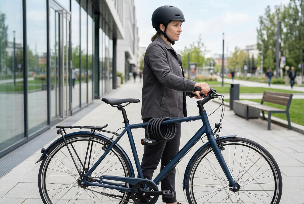 Zapięcie rowerowe S-LINE VZP105 z lampką Linka Czarny Kobieta w kasku rowerowym i szarej kurtce trzyma granatowy rower miejski z przymocowanym czarnym zapięciem spiralnym na chodniku przed nowoczesnym budynkiem biurowym. W tle park miejski.