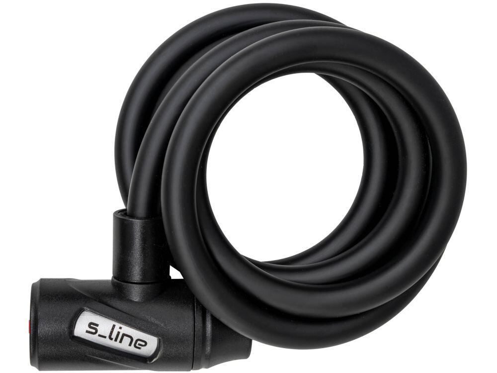 Zapięcie rowerowe S-LINE VZP105 z lampką Linka Czarny Zbliżenie na czarne, zwinięte zapięcie spiralne do roweru marki s_line z widocznym logotypem s_line i odblaskowym elementem na boku głowicy blokującej.