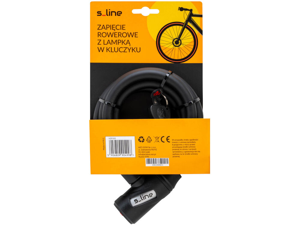 Zapięcie rowerowe S-LINE VZP105 z lampką Linka Czarny Czarne zapięcie rowerowe spiralne s_line z kluczykami w oryginalnym żółto-czarnym opakowaniu kartonowym z napisami w języku polskim: „Zapięcie rowerowe z lampką w kluczyku” oraz logiem s_line.