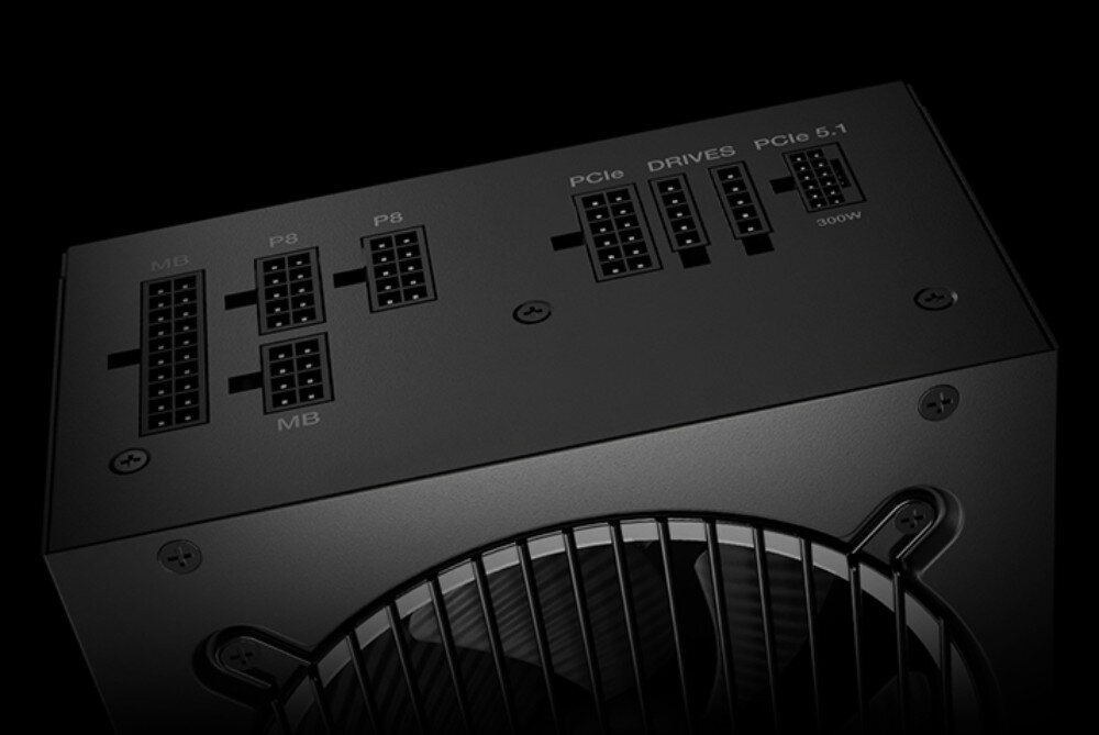Zasilacz BE QUIET! Pure Power 13 M zbliżenie na panel modularny zasilacza z opisanymi gniazdami dla płyty głównej, procesora, napędów oraz złączem 'PCIe 5.1' o mocy 600W