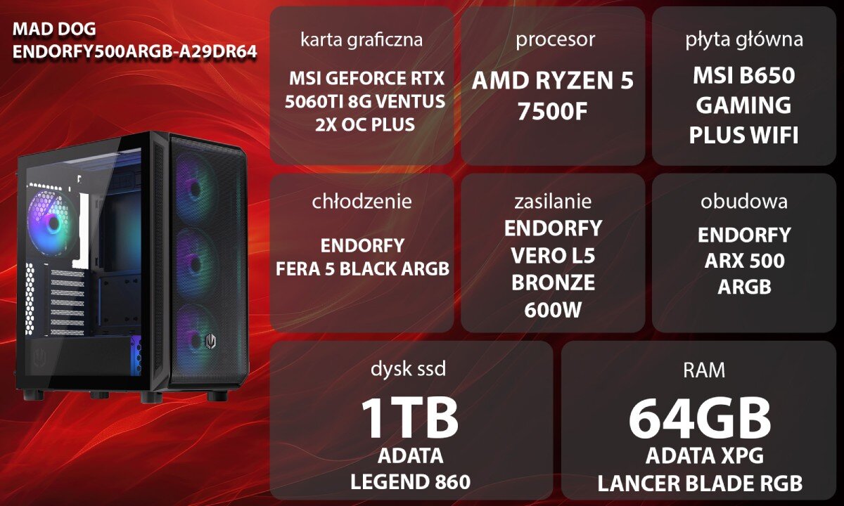 Komputer MAD DOG ENDORFY500ARGB-A29DR64 Zestaw komputerowy przedstawiony z boku, z widocznymi wentylatorami i wnętrzem obudowy; obok znajduje się lista komponentów sprzętowych na czerwonym tle, opis
