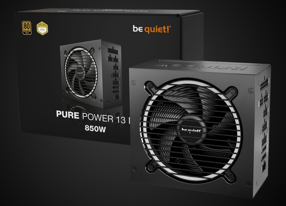 Zasilacz BE QUIET! Pure Power 13 M czarne opakowanie oraz zasilacz komputerowy z widocznym dużym wentylatorem pod kratką i modularnym panelem złącz