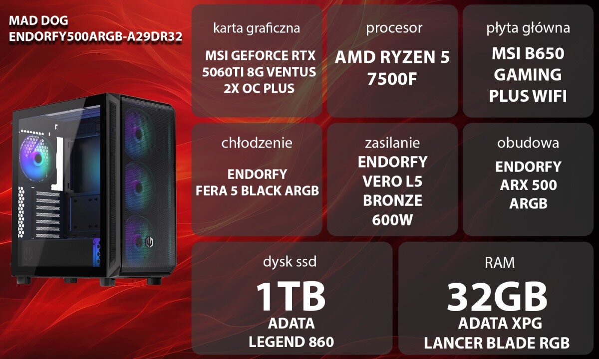 Komputer MAD DOG ENDORFY500ARGB-A29DR32 Zestaw komputerowy przedstawiony z boku, z widocznymi wentylatorami i wnętrzem obudowy; obok znajduje się lista komponentów sprzętowych na czerwonym tle, opis