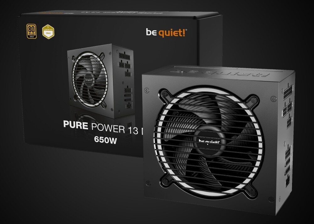 Zasilacz BE QUIET! Pure Power 13 M czarne opakowanie oraz zasilacz komputerowy z widocznym dużym wentylatorem pod kratką i modularnym panelem złącz