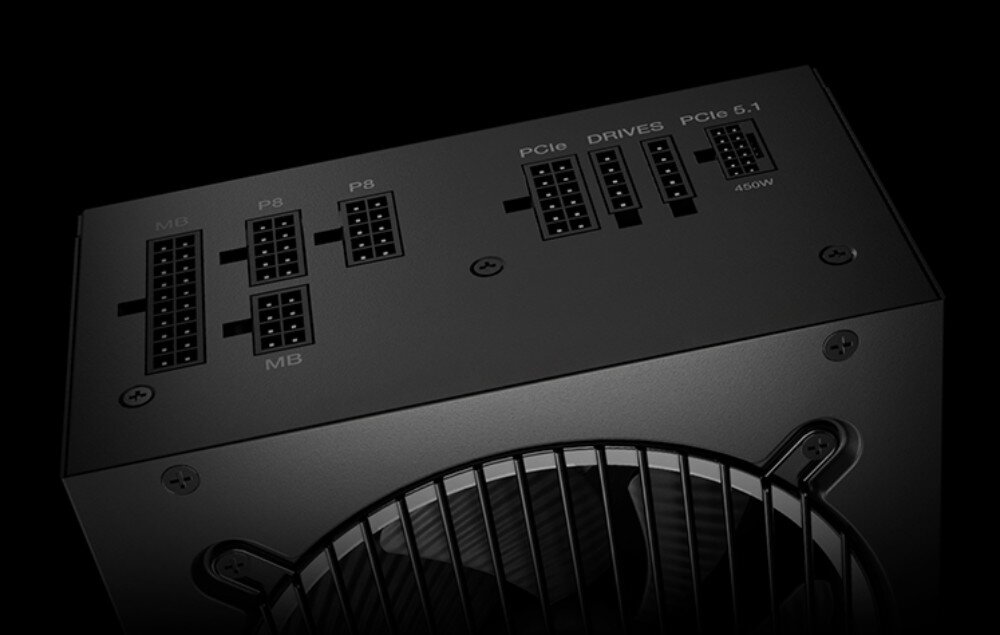 Zasilacz BE QUIET! Pure Power 13 M zbliżenie na panel modularny zasilacza z opisanymi gniazdami dla płyty głównej, procesora, napędów oraz złączem 'PCIe 5.1' o mocy 600W