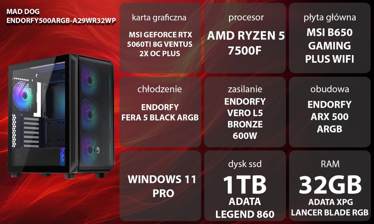 Komputer MAD DOG ENDORFY500ARGB-A29WR32WP Zestaw komputerowy przedstawiony z boku, z widocznymi wentylatorami i wnętrzem obudowy; obok znajduje się lista komponentów sprzętowych na czerwonym tle, opis